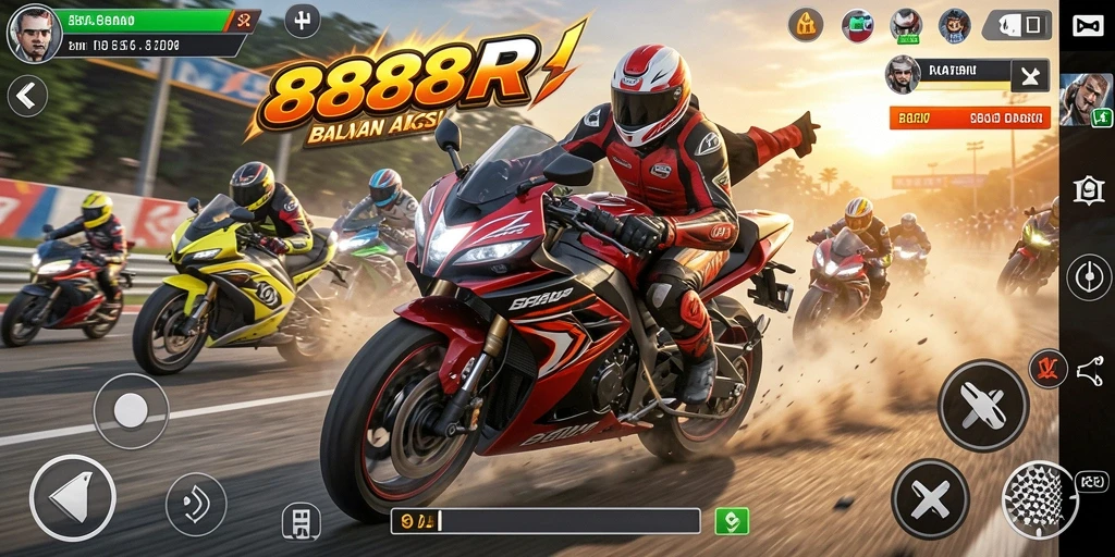 Screenshot gameplay 888R yang menunjukkan keseruan balapan motor.