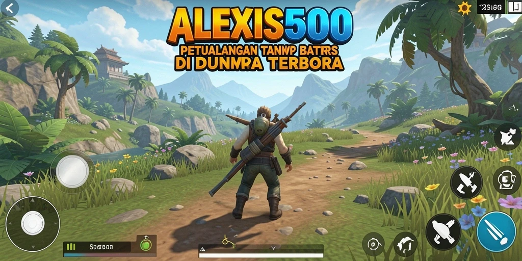 Screenshot gameplay ALEXIS500 yang menunjukkan petualangan di dunia terbuka.