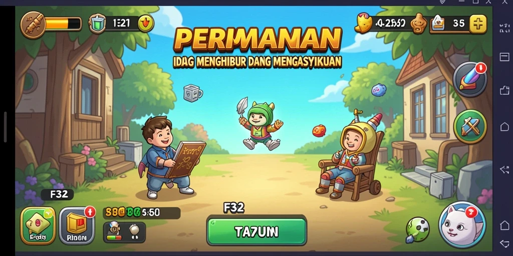 Tampilan gameplay F32 menampilkan karakter mengumpulkan sumber daya secara otomatis.