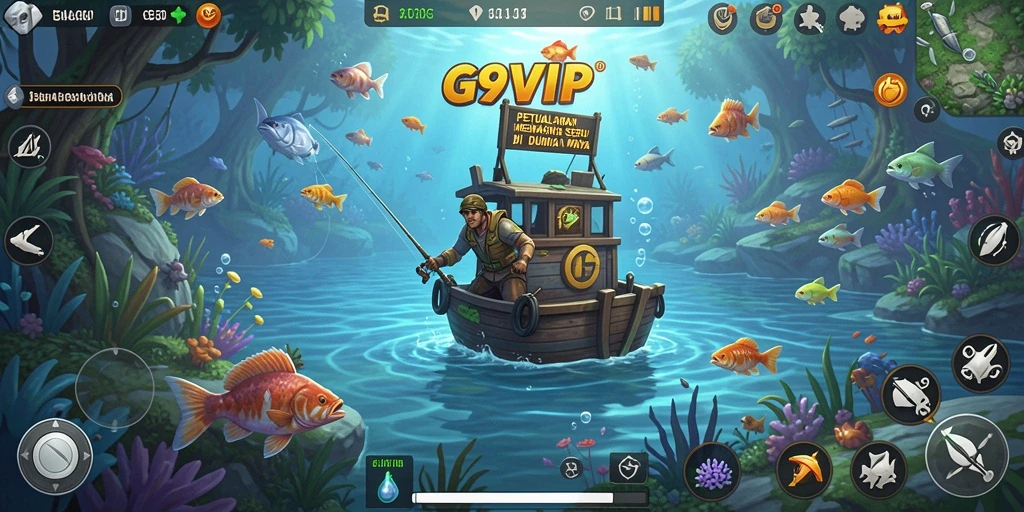 Screenshot gameplay G9VIP dengan pengaturan memancing yang menawan.