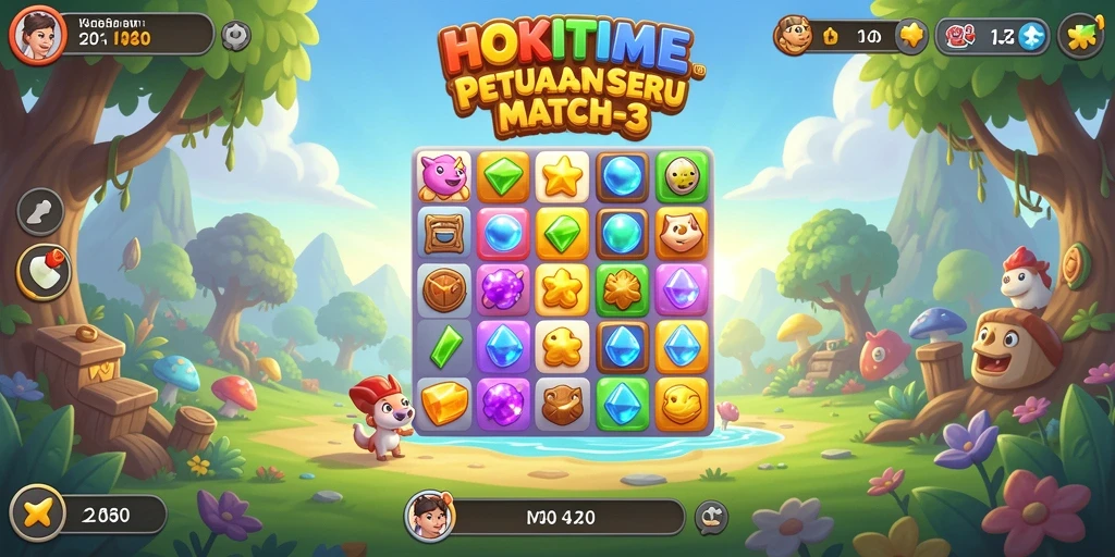Screenshot HOKITIME menampilkan gameplay Match-3 yang seru dan penuh warna.