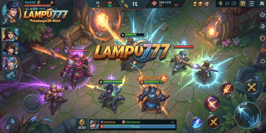Tampilan seru gameplay MOBA di LAMPU777 dengan aksi pertarungan intens.