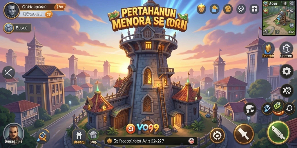 Screenshot gameplay OVO99 menampilkan menara pertahanan yang efektif dan musuh yang menyerang.