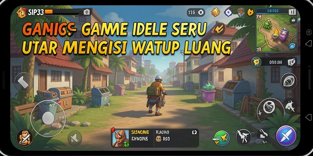 Screenshot SIP33 menunjukkan karakter sedang mengumpulkan sumber daya dalam gameplay Idle.